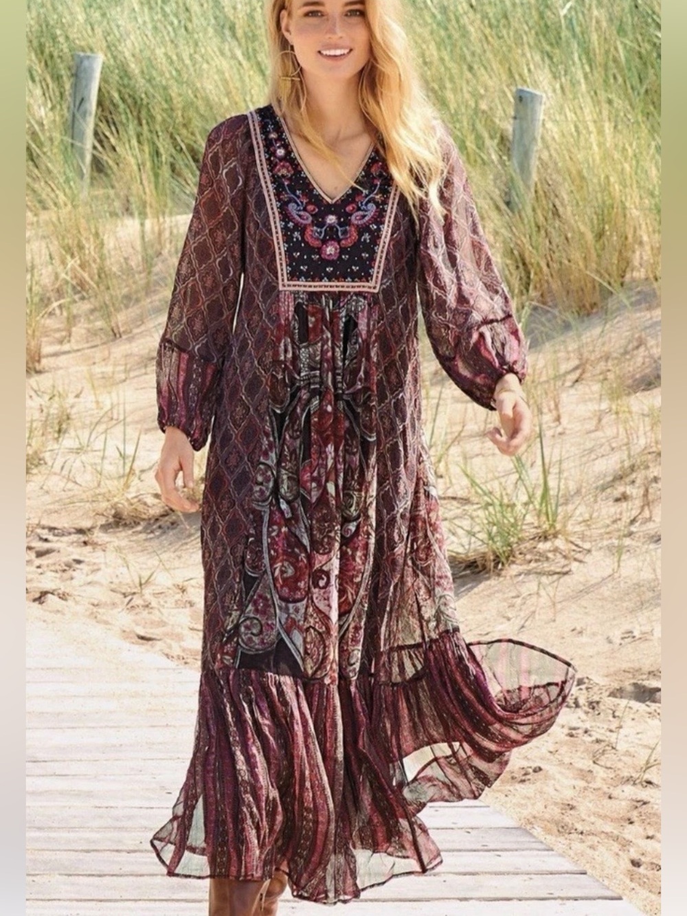 Soft Surroundings Mosaic Dress Embroidered Paisley Maxi Black & Red Large